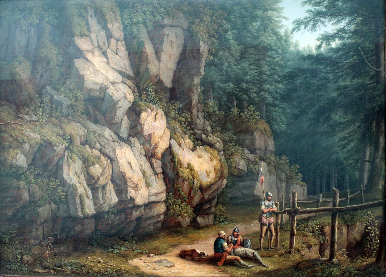 Deux guerriers dans un paysage de arbres et rochers - Jacob Philippe Hackert
