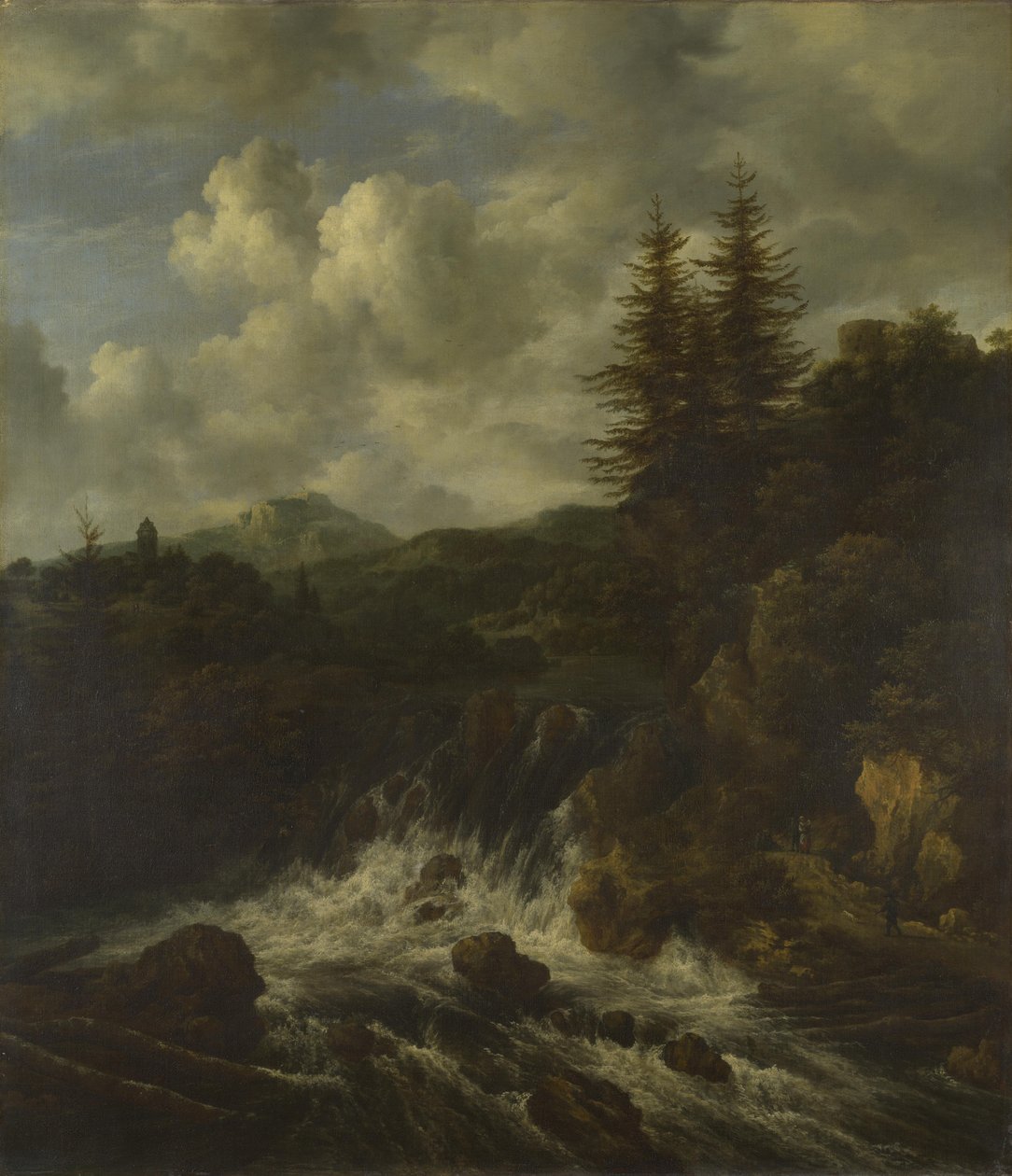 Un paysage avec une cascade et un château sur une colline - Jacob van Ruisdael