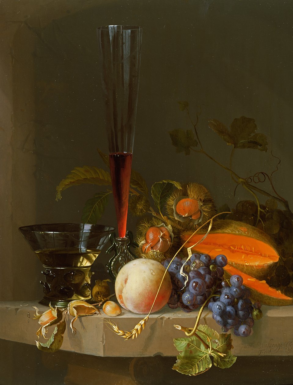 Nature morte de fruits sur une corniche avec un roemer et un verre à vin - Jacob van Walscapelle