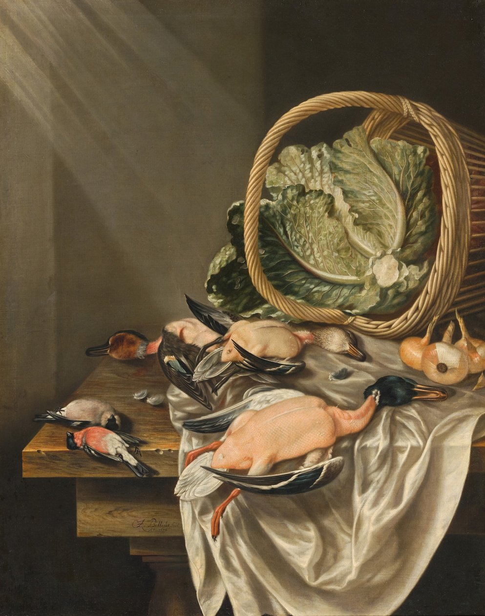 Nature morte de cuisine avec un panier renversé de laitue, de gibier et de légumes - Jacob Biltius