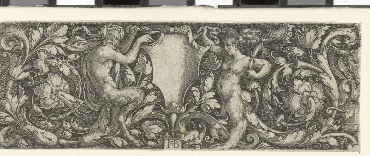 Frise avec un bouclier porté par un satyre masculin et féminin - Jacob Binck (signed by artist)