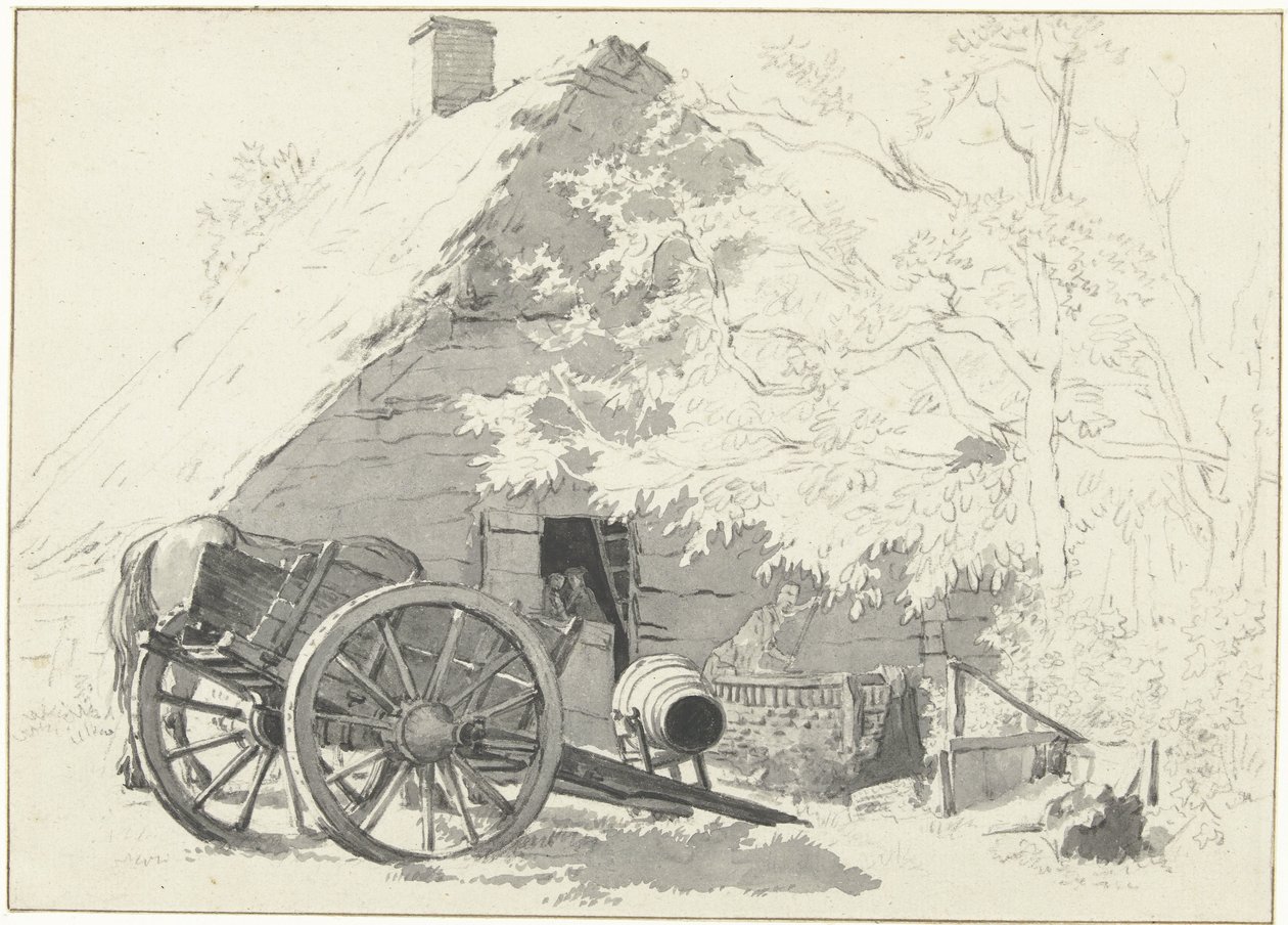 Chariot de lait avec cheval devant une ferme - Jacob Ernst Marcus