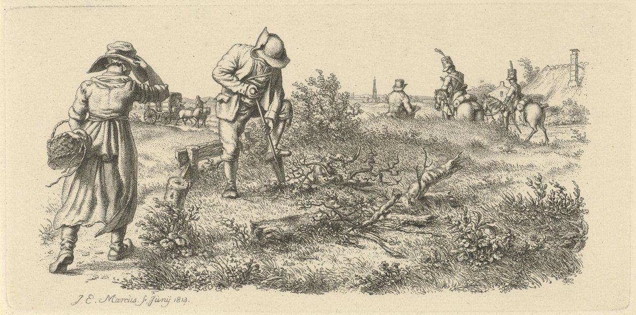 Homme creusant, une femme avec un panier et des soldats à cheval (Études gravées) - Jacob Ernst Marcus