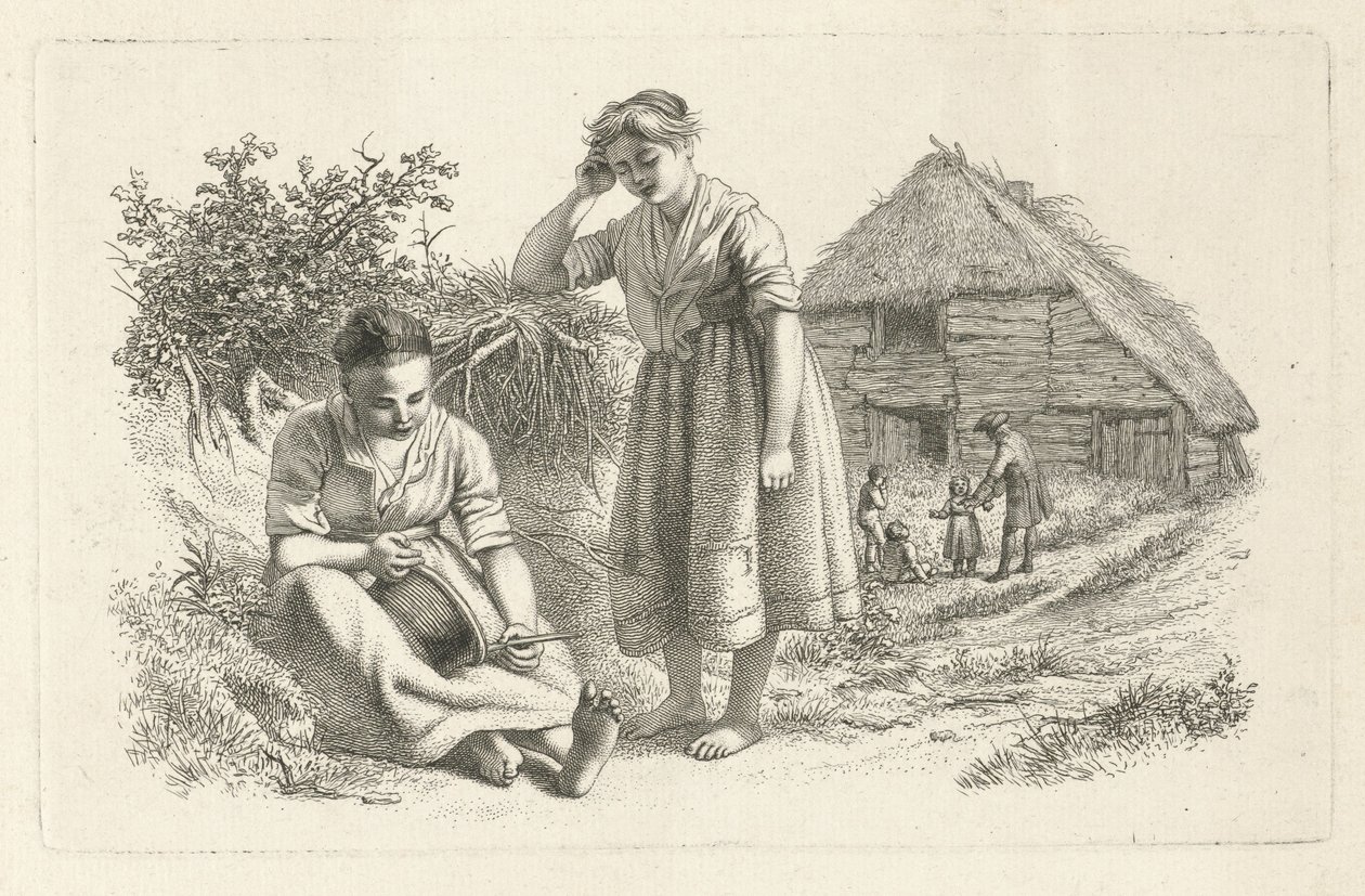 Deux femmes et un homme avec des enfants devant une grange - Jacob Ernst Marcus