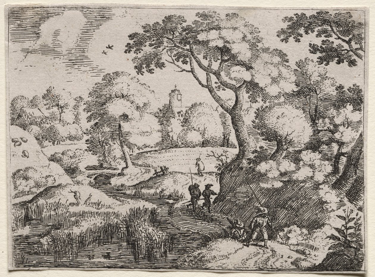 Six paysages : Chemin entre marais et rive boisée, vers 1595 - Jacob I Savery