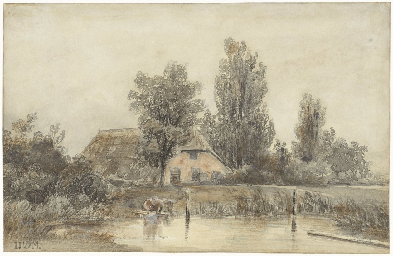 Ferme et une femme lavant - Jacob Jan van der Maaten