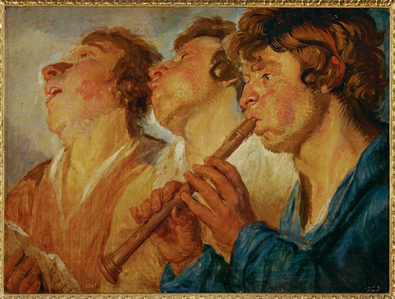 Trois musiciens errants, deux chantant, un troisième jouant ... (peinture sur bois) - Jacob Jordaens