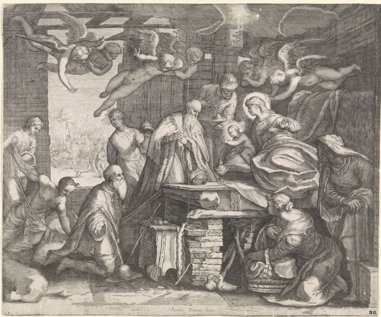 Adoration des mages avec anges - Jacob Matham (workshop of)