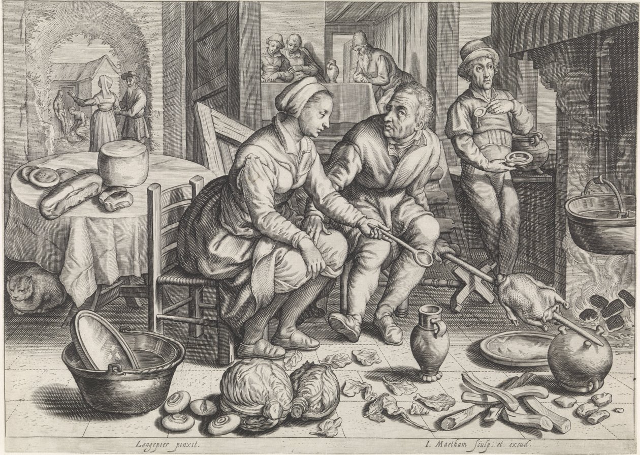 Scène de cuisine avec poulet à la broche - Jacob Matham