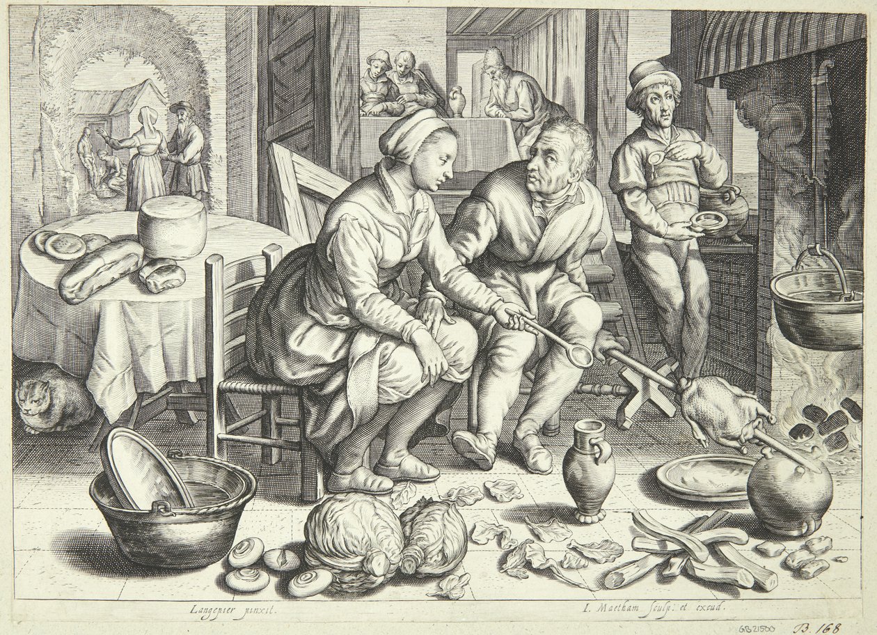 Scène de cuisine avec un homme et une femme faisant rôtir un poulet - Jacob Matham