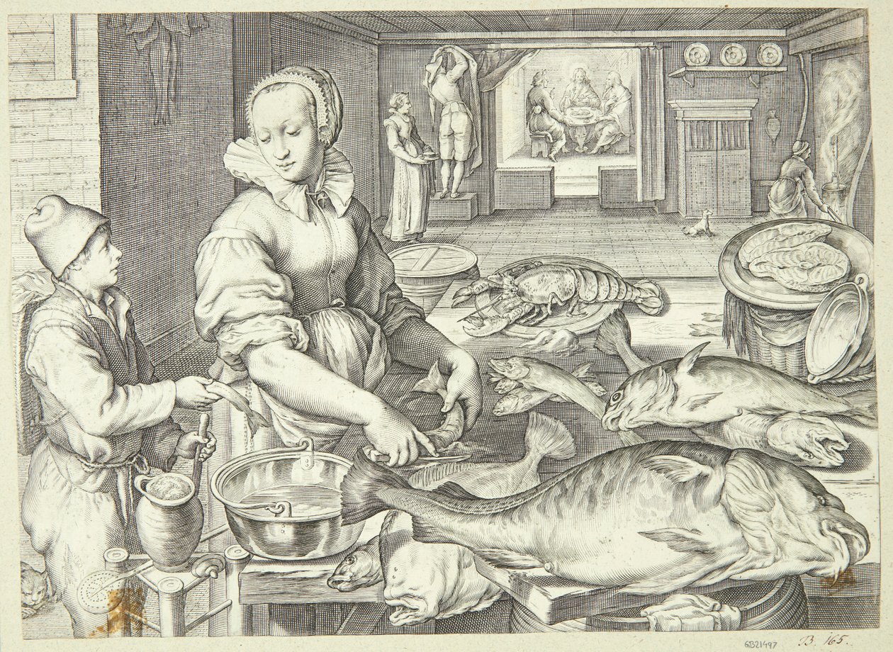 Scène de cuisine avec une cuisinière nettoyant du poisson - Jacob Matham