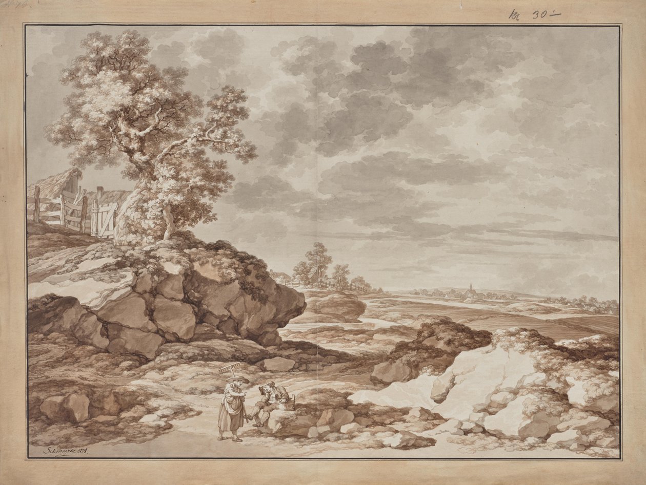 Paysage avec village et deux paysans - Jacob Matthias Schmutzer