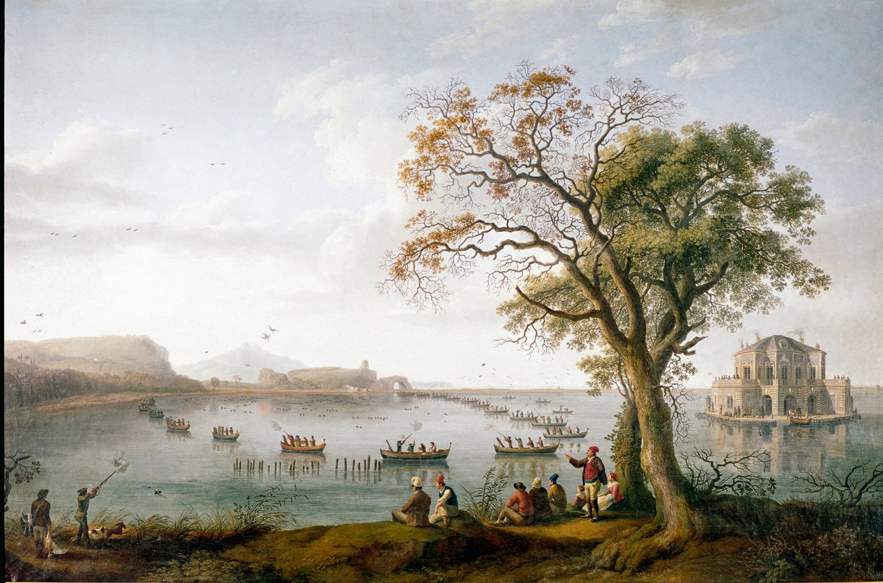 La chasse à la foulque de Ferdinand Ier des Deux-Siciles sur le lac Fusaro près de Naples, Italie - Jacob Philippe Hackert