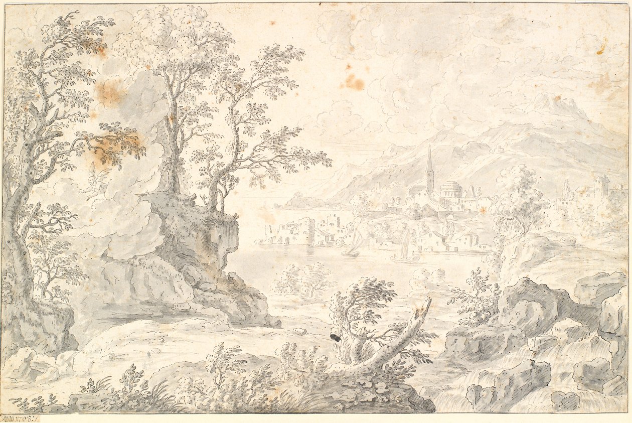 Paysage avec une ville (Hambourg ?) au bord d
