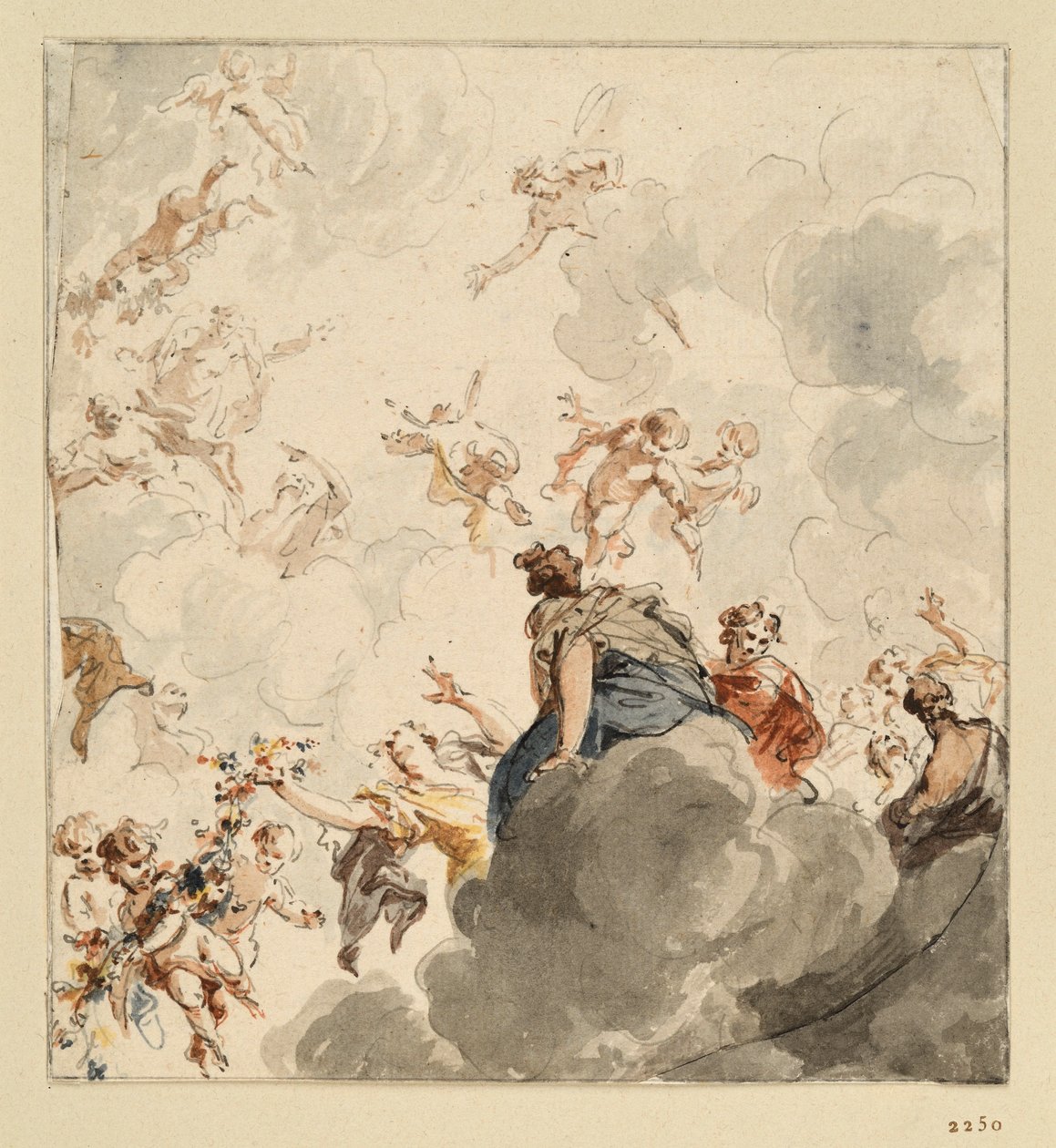 Esquisse de plafond représentant des figures féminines assises sur des nuages et des cupidons tenant des fleurs, flottant dans les airs - Jacob de Wit