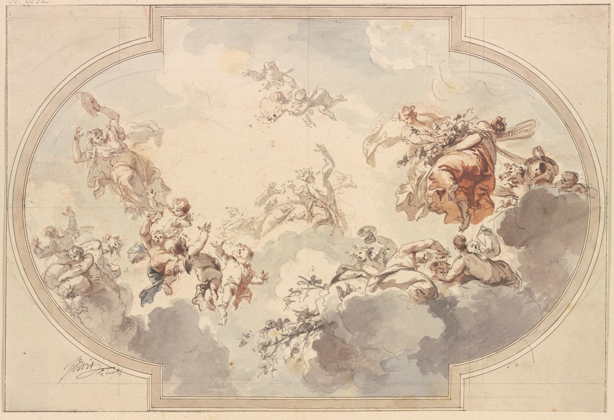 De nombreux génies et bacchantes flottent dans les nuages - Jacob de Wit