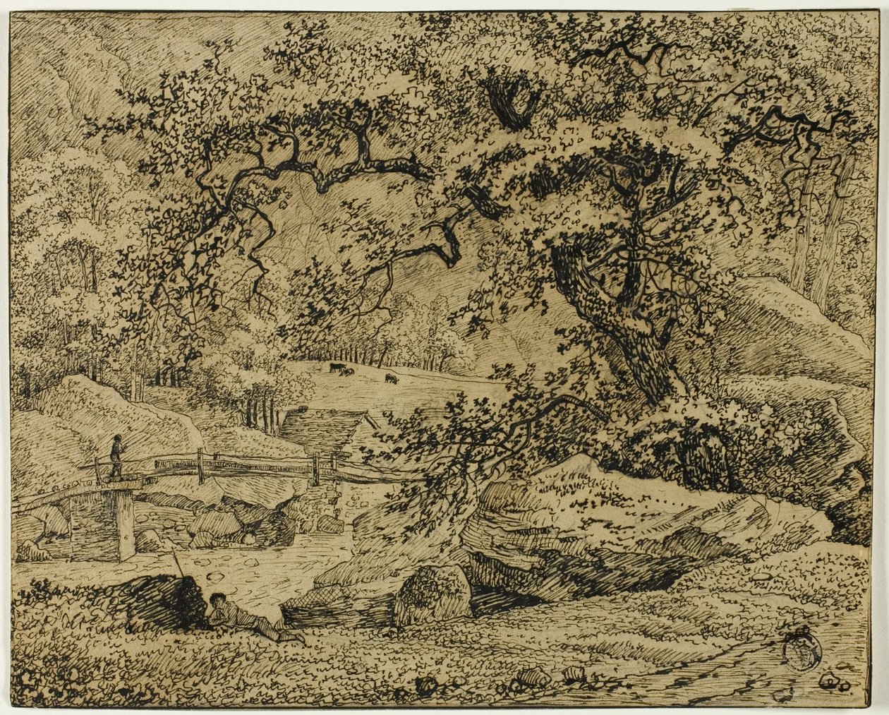 Paysage avec figure reposant sous un arbre près d