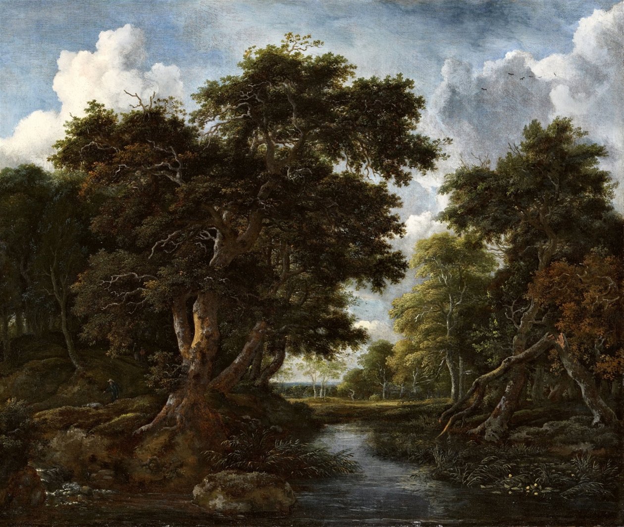 Paysage boisé avec des chasseurs et une rivière - Jacob van Ruisdael