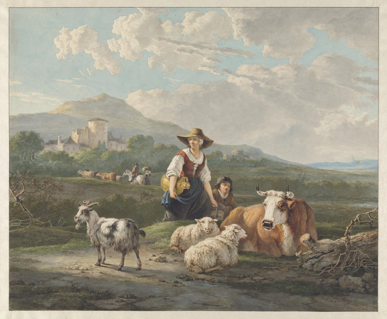 Une paysanne et un garçon avec des moutons et une vache dans un paysage montagneux - Jacob van Strij