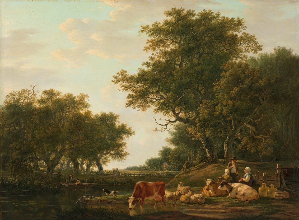Paysage avec paysans, leur bétail et des pêcheurs sur l