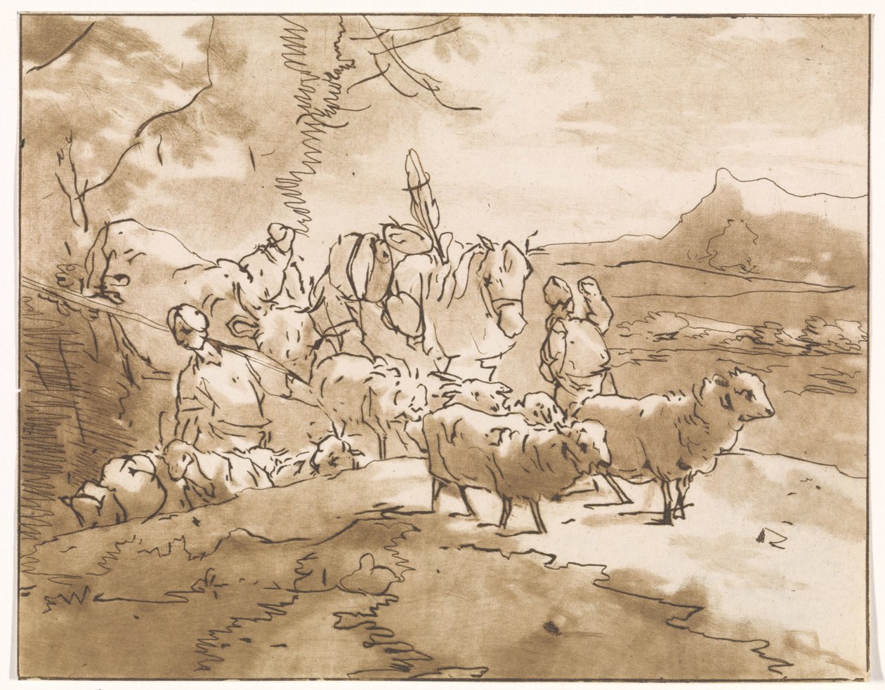 Bergers avec du bétail dans un paysage montagneux - Jacob van de Velde (graveur)