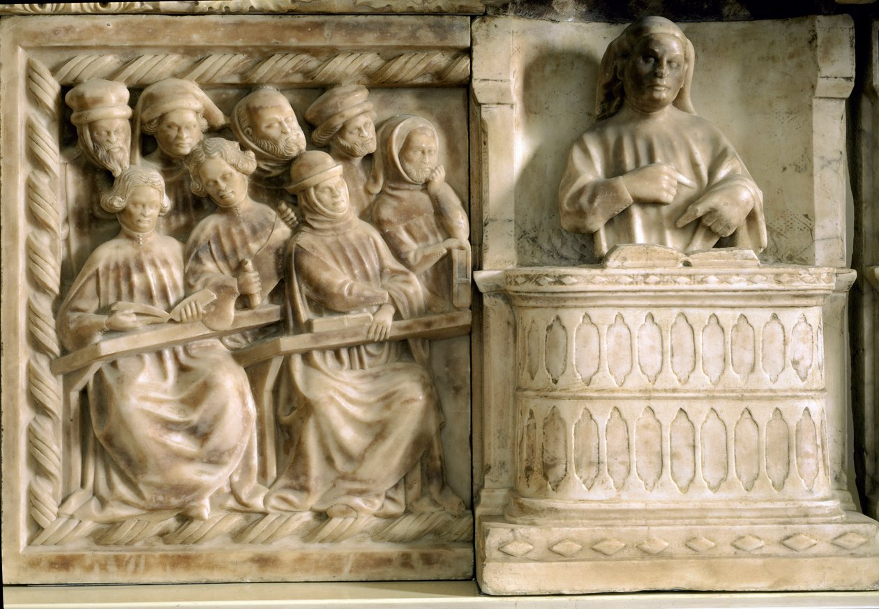 Monument funéraire de Carlo, Roberto et Riccardo da Saliceto : étudiants assistant à un cours (sculpture, vers 1403) - Jacobello and Pier Paolo dalle Masegne