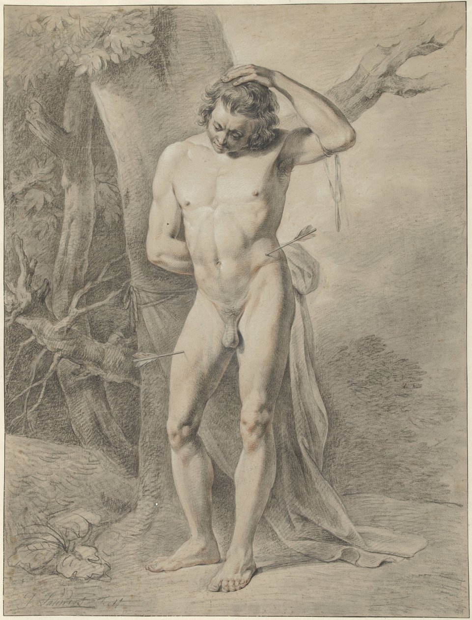 Homme nu debout, devant un arbre - Jacobus Johannes Lauwers