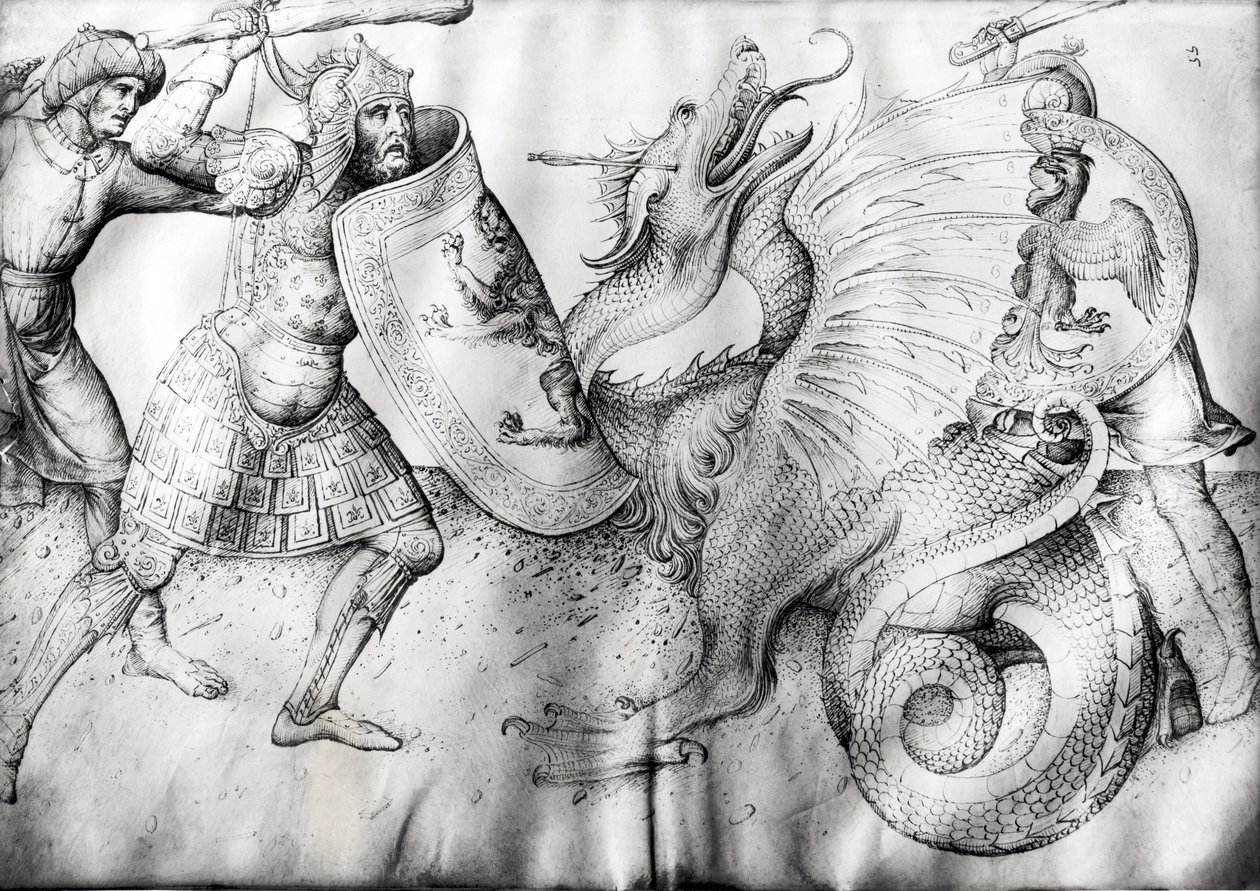 Bataille entre guerriers et un dragon, c.1450 - Jacopo Bellini