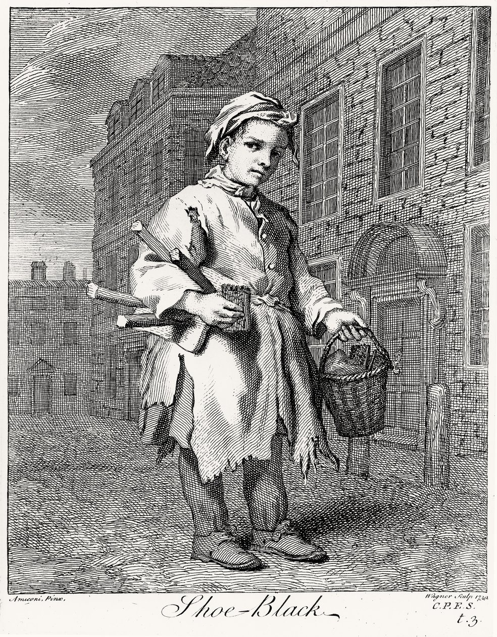 Le cireur de chaussures, gravé par Wagner, 1739 - Jacopo after Amiconi