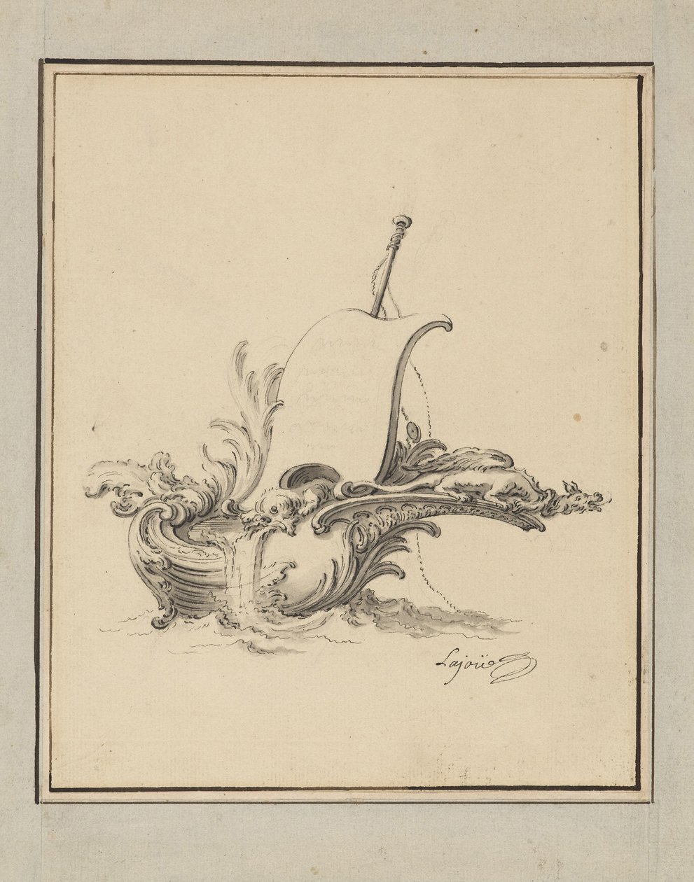 Design pour un écusson en forme de bateau avec voile, pour Recueil Nouveau de Differens Cartouches - Jacques de Lajoüe