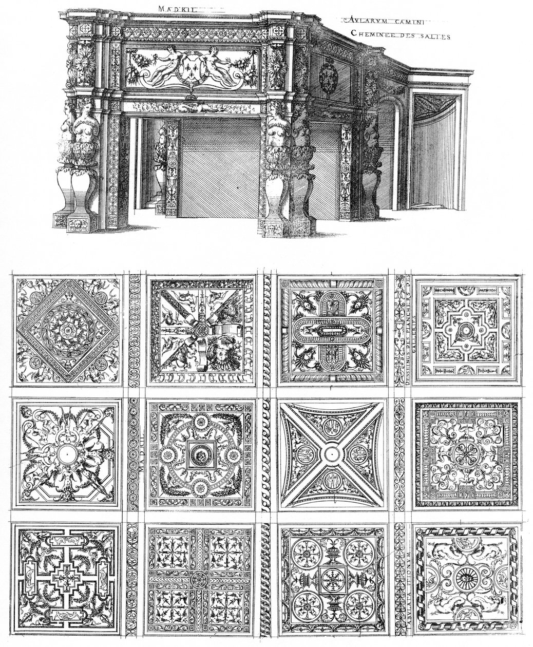 Gravure du premier volume des plus excellents bâtiments de France par Jacques I Androuet du Cerceau, dessins de cheminée et de sol pour le Château de Madrid - Jacques I Androuet du Cerceau