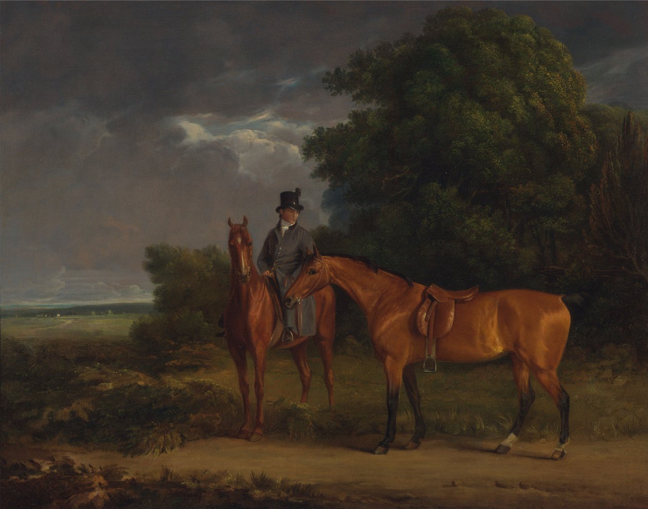 Un palefrenier monté sur un chasseur alezan, il tient un chasseur bai par les rênes - Jacques-Laurent Agasse