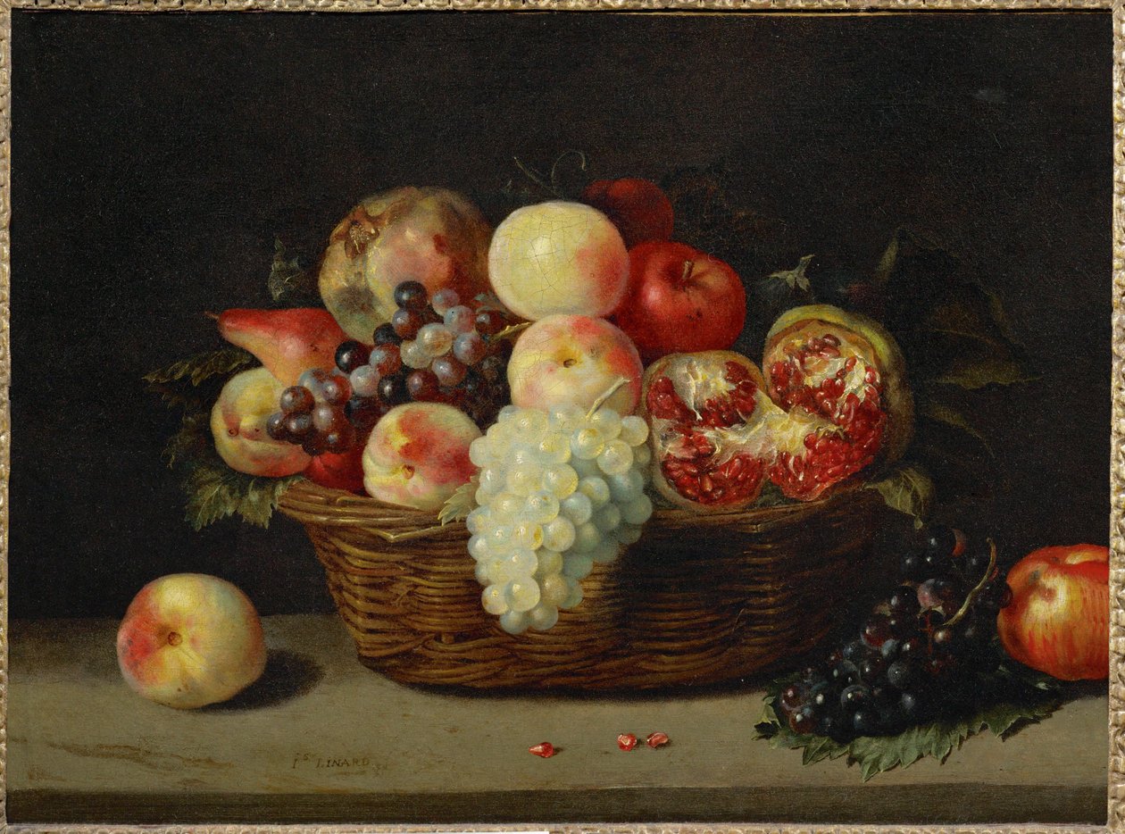 Panier de grenade, peches et raisins - Un panier avec des grenades, des pêches et des raisins ... - Jacques (attr. to) Linard