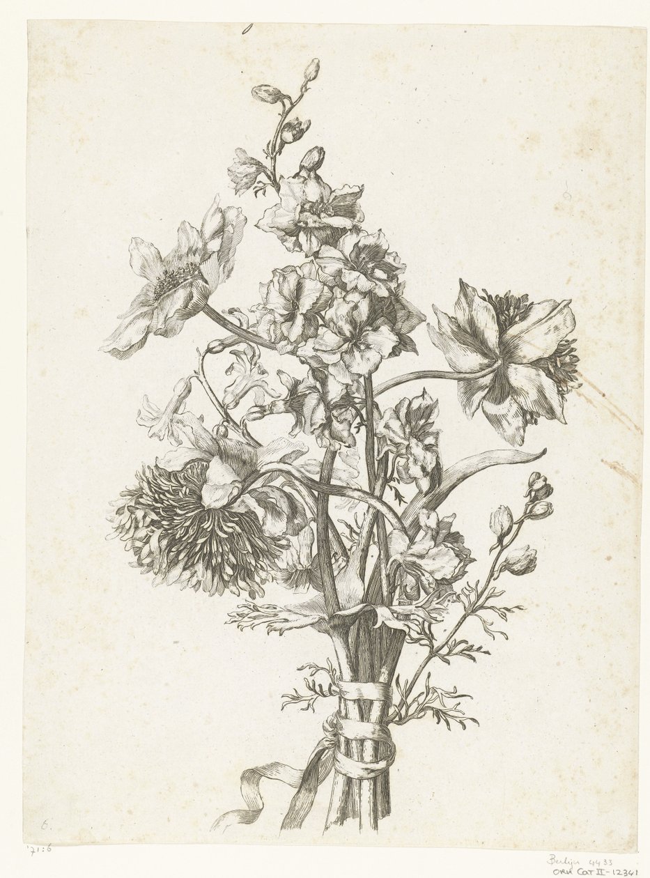 Bouquet avec des anémones, une jacinthe et des delphiniums - Jacques Bailly (I)