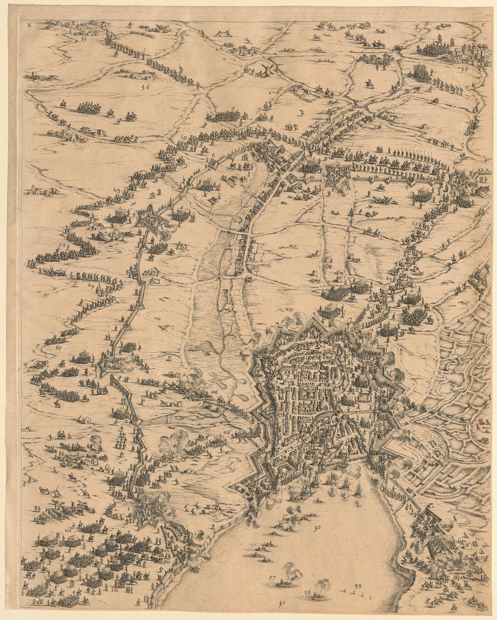 2e panneau, en haut au centre, tiré de « Le siège de La Rochelle » - Jacques Callot