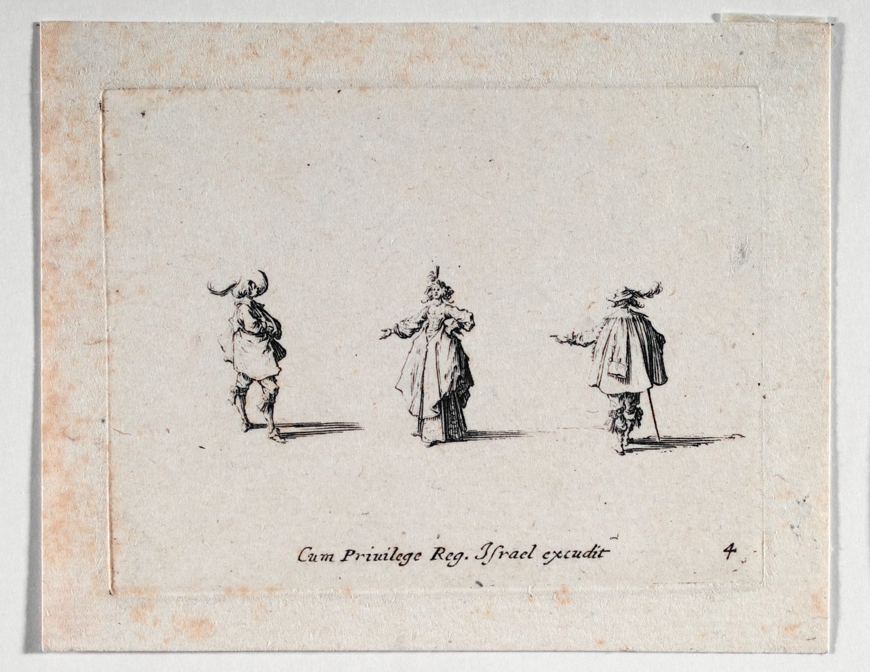 Une dame à la main tendue et deux cavaliers, de ... (gravure) - Jacques Callot