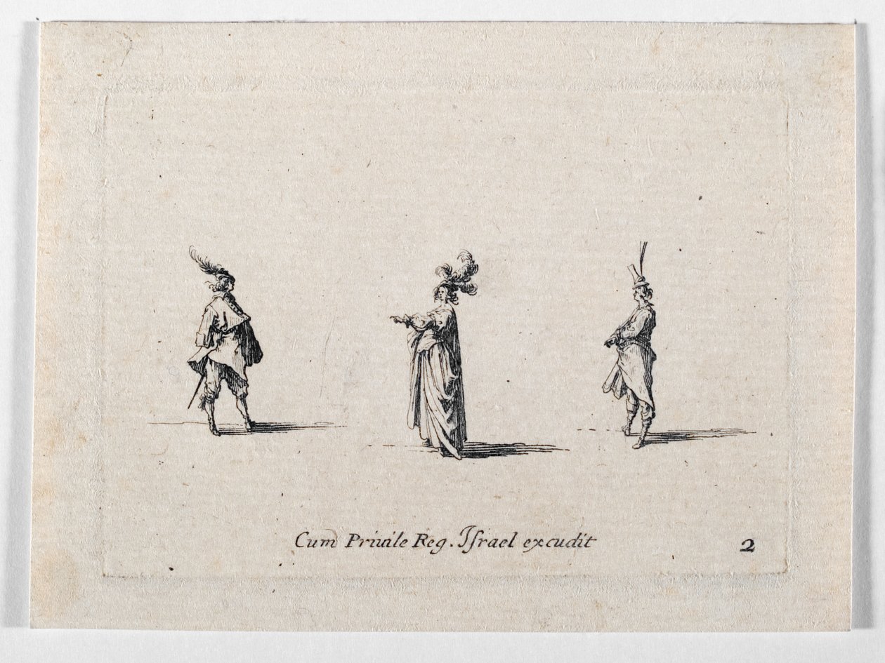 Une dame au chapeau à plumes et deux cavaliers, de ... (gravure) - Jacques Callot