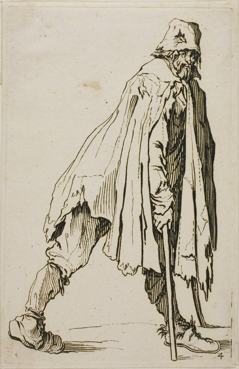 Mendiant sur des béquilles portant un chapeau, planche quatre de Les Mendiants - Jacques Callot