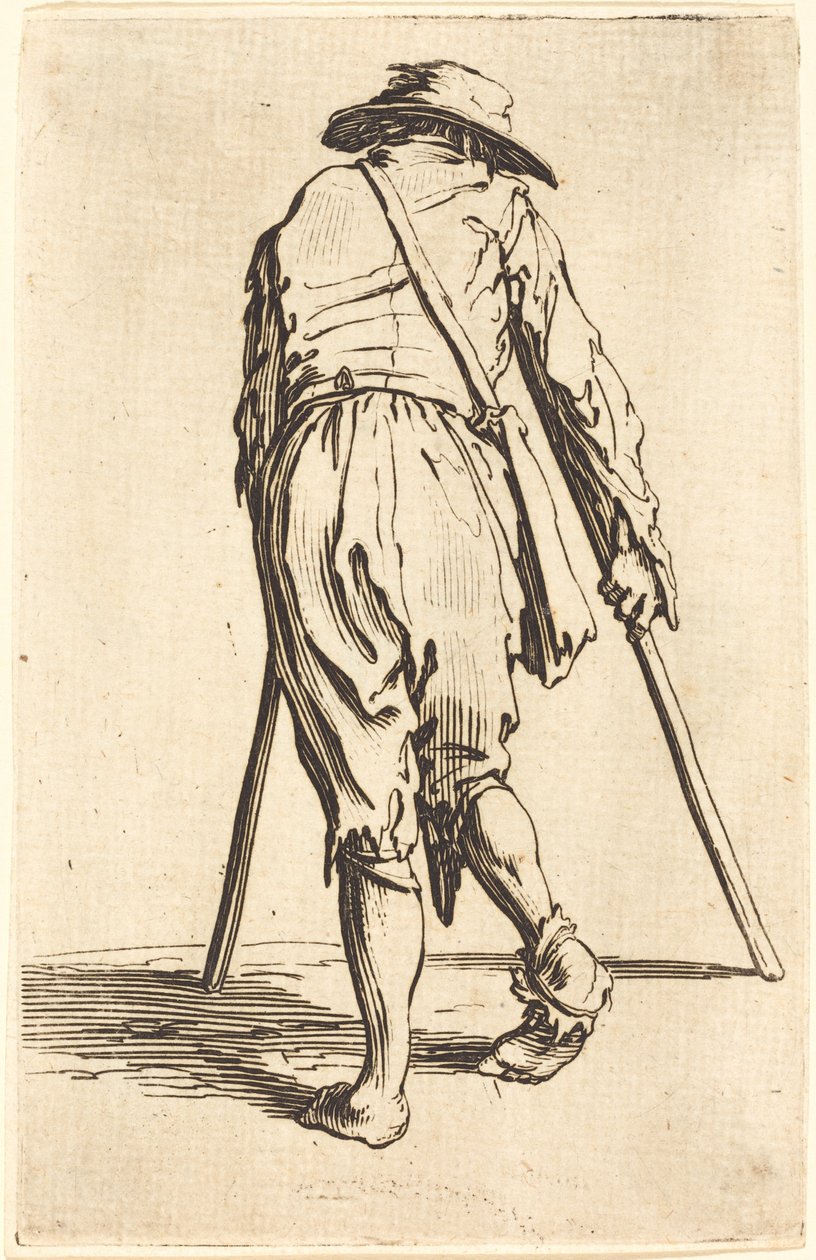 Mendiant avec des béquilles et un chapeau, vue de dos - Jacques Callot