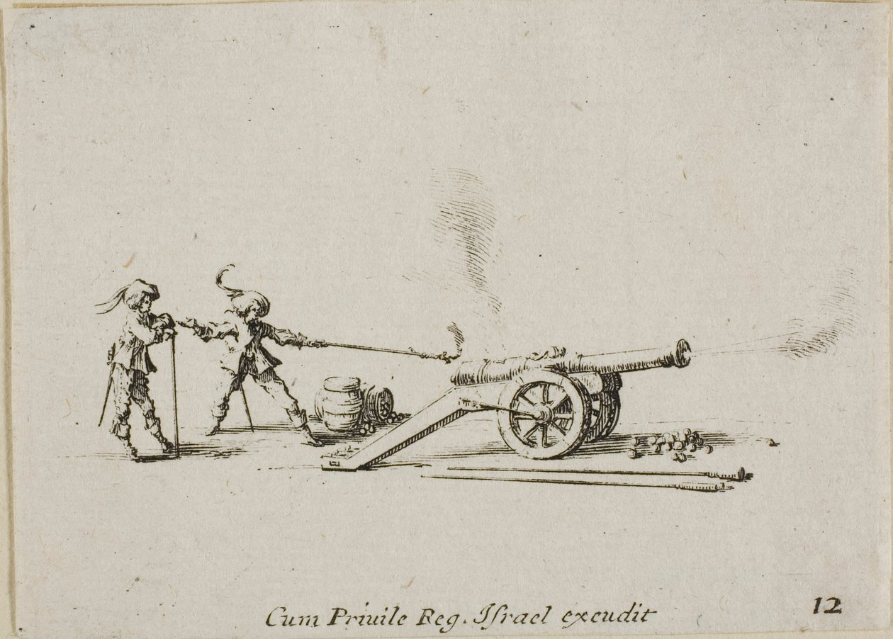 Tir du canon, planche douze des Exercices militaires - Jacques Callot