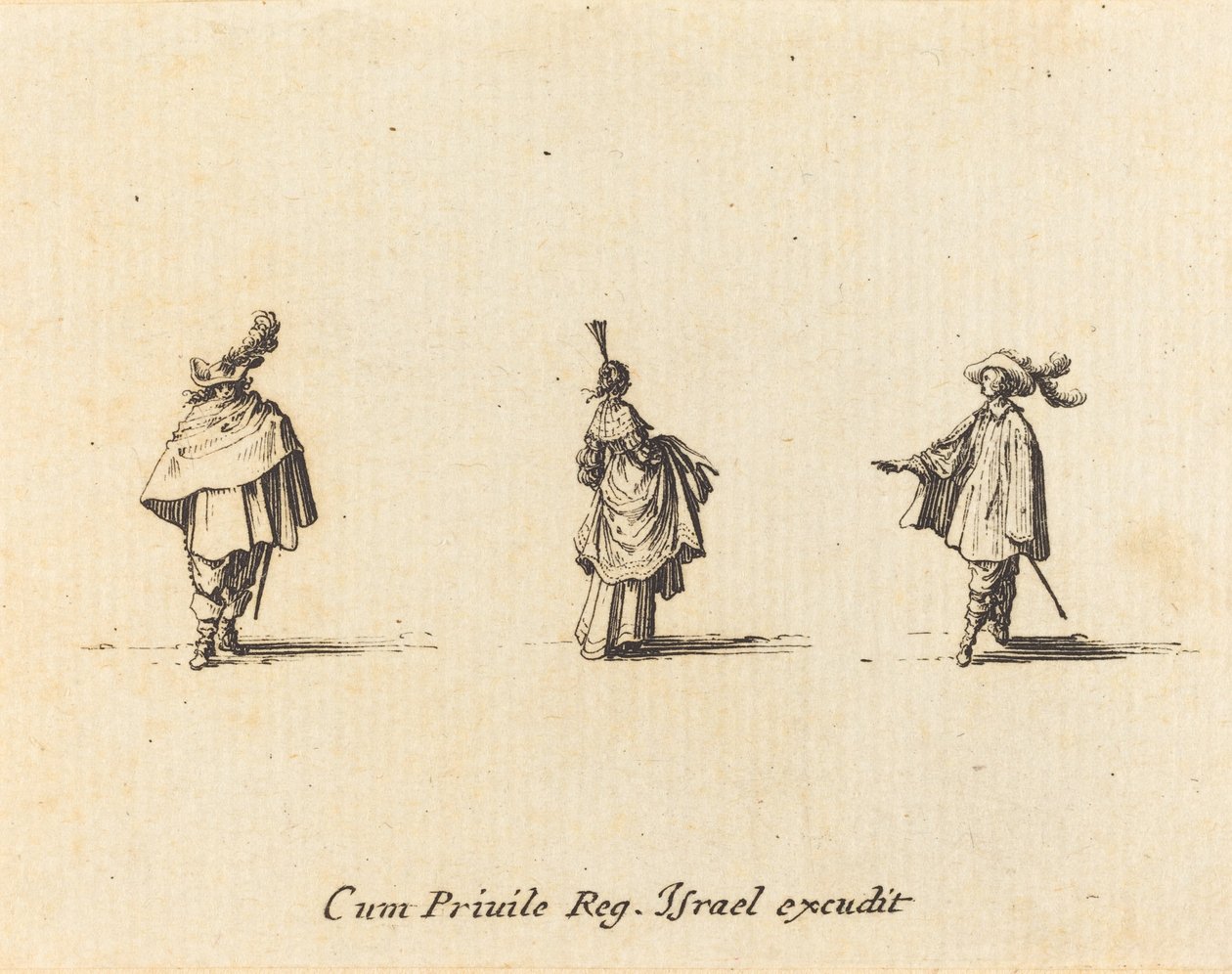 Dame avec robe relevée, et deux messieurs - Jacques Callot