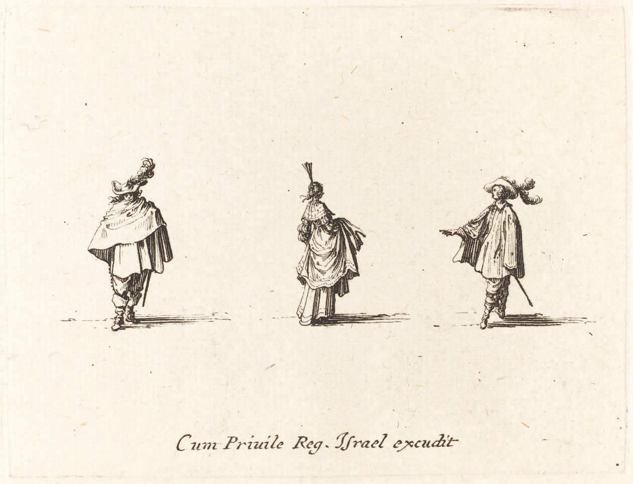 Dame avec robe relevée, et deux messieurs - Jacques Callot