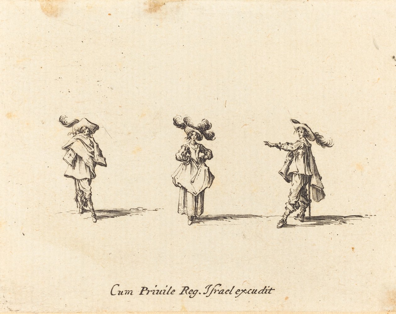 Dame avec de grandes plumes, et deux messieurs - Jacques Callot