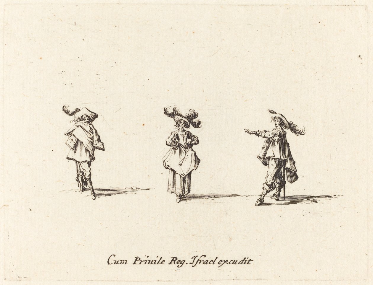 Dame avec de grandes plumes et deux messieurs - Jacques Callot