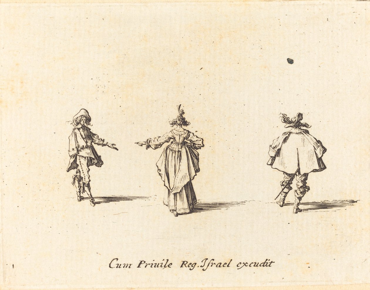 Dame avec un bras tendu, vue de dos, et deux gentilshommes - Jacques Callot