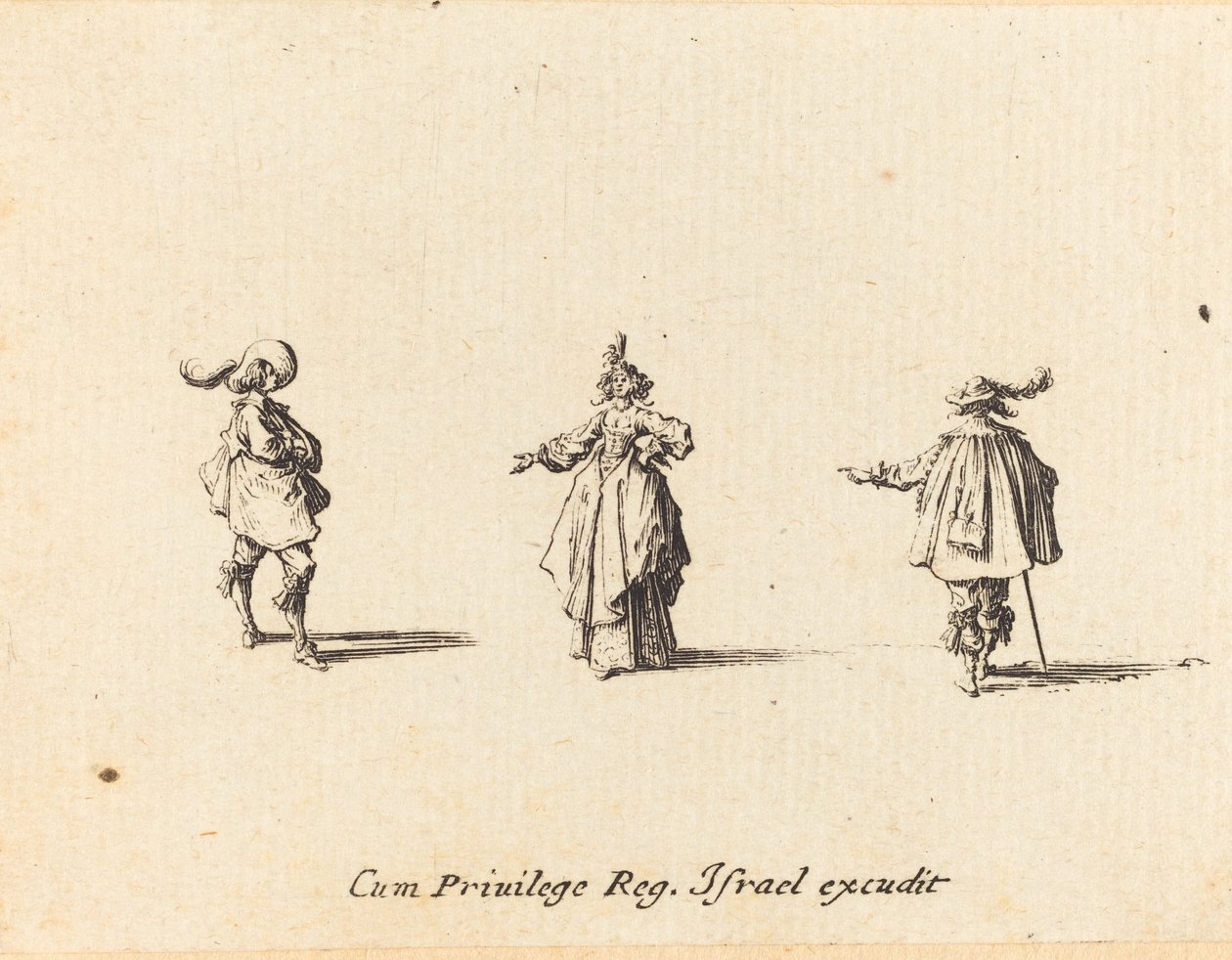 Dame avec un bras tendu, et deux gentilshommes - Jacques Callot
