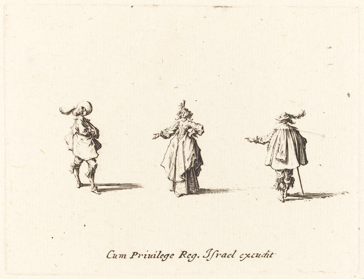 Dame avec un bras tendu, et deux gentilshommes - Jacques Callot