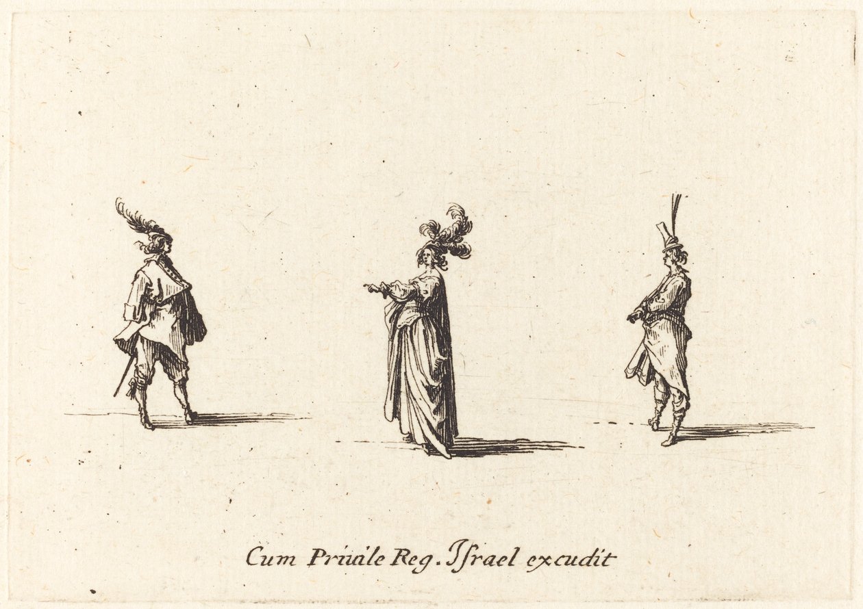 Dame avec un chapeau à plumes, et deux gentilshommes - Jacques Callot
