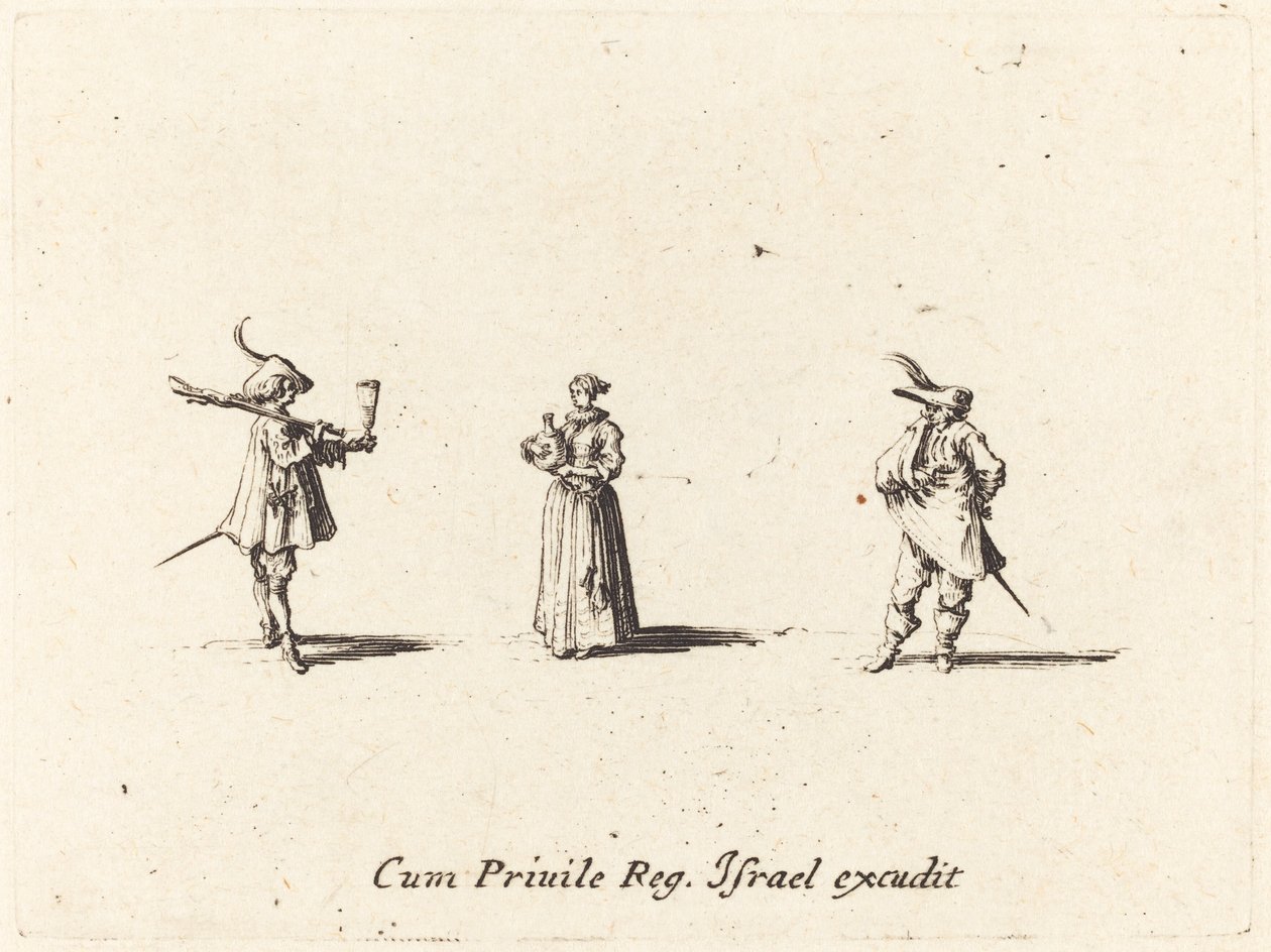 Dame avec bouteille de vin, et deux messieurs, probablement 1634 - Jacques Callot