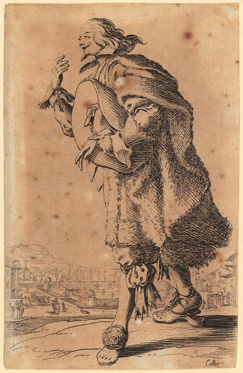 Mann streicht wie Geigenspieler über Grillrost, Blatt 19 der Folge "Die Zwerge" - Jacques Callot